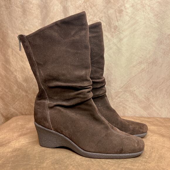 Glacee Calf High Suede Leather Wedge Heel Slouch Boots Brown Zip Up Indie Sleaze - Picture 1 of 12